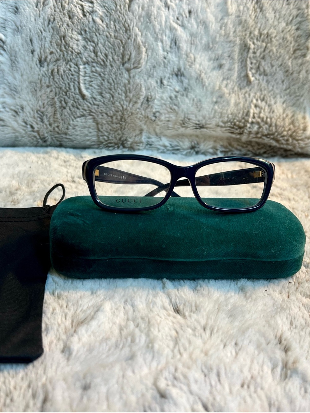 Gucci Women's Navy, Cream and Red Rectangular Optical Glasses